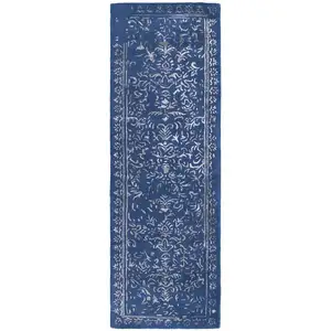 Photo of 8' Blue And Silver Wool Floral Tufted Handmade Distressed Runner Rug