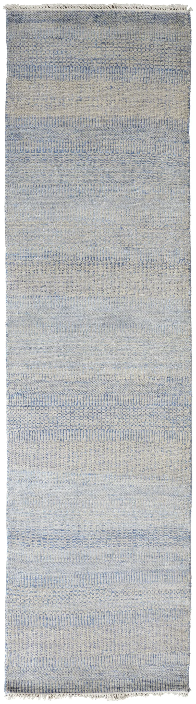 12' Blue And Silver Wool Striped Hand Knotted Runner Rug Photo 1