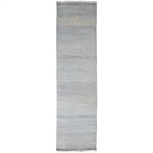 Photo of 12' Blue And Silver Wool Striped Hand Knotted Runner Rug