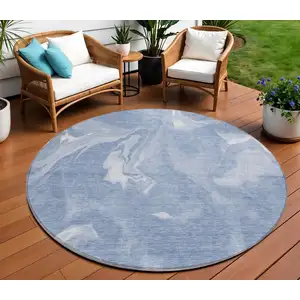 Photo of 8' Blue And Sky Blue Round Abstract Washable Indoor Outdoor Area Rug