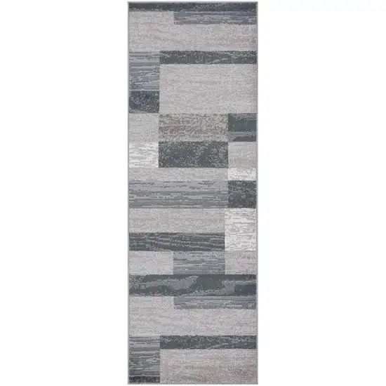 8' Blue And Taupe Patchwork Power Loom Stain Resistant Runner Rug Photo 1