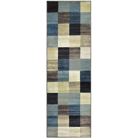 8' Blue And Teal Geometric Power Loom Stain Resistant Runner Rug Photo 1