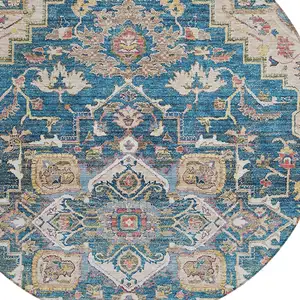 Photo of 8' Blue Beige And Gold Round Oriental Washable Indoor Outdoor Area Rug