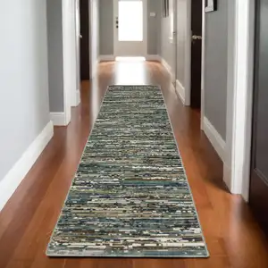 Photo of 8' Blue Brown And Ivory Striped Runner Rug