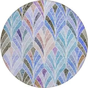 Photo of 8' Blue Brown And Purple Round Geometric Washable Indoor Outdoor Area Rug