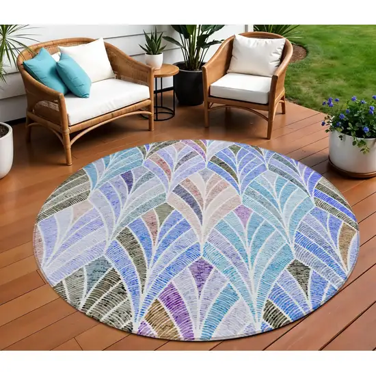 8' Blue Brown And Purple Round Geometric Washable Indoor Outdoor Area Rug Photo 1