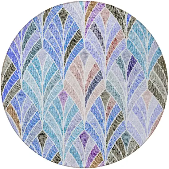 8' Blue Brown And Purple Round Geometric Washable Indoor Outdoor Area Rug Photo 8