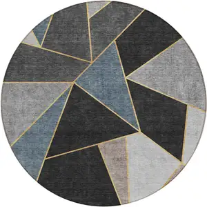 Photo of 8' Blue Charcoal And Gray Round Geometric Washable Indoor Outdoor Area Rug