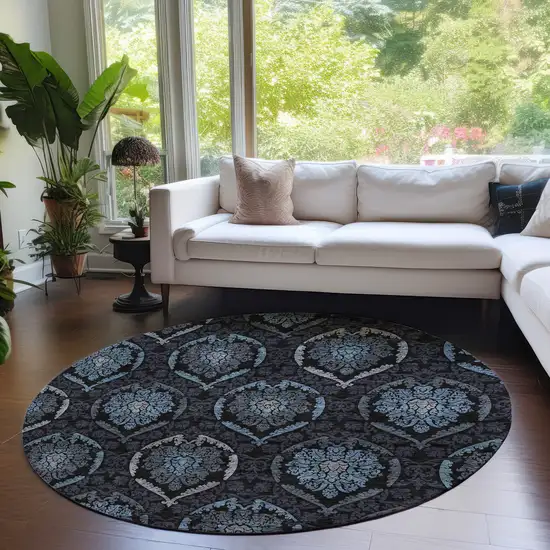 8' Blue Charcoal And Gray Round Medallion Washable Indoor Outdoor Area Rug Photo 9