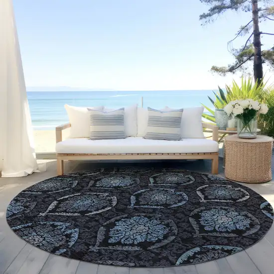 8' Blue Charcoal And Gray Round Medallion Washable Indoor Outdoor Area Rug Photo 8