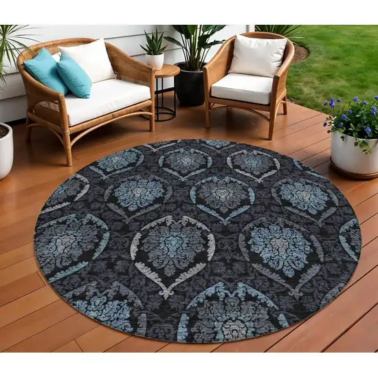 8' Blue Charcoal And Gray Round Medallion Washable Indoor Outdoor Area Rug Photo 1