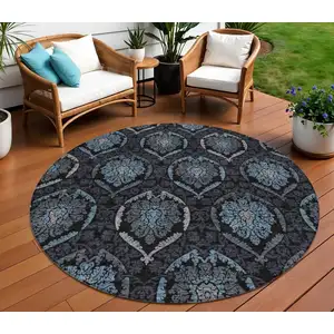 Photo of 8' Blue Charcoal And Gray Round Medallion Washable Indoor Outdoor Area Rug