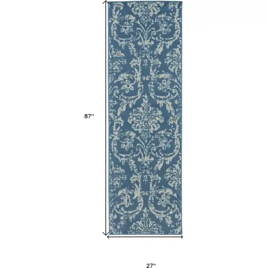 7' Blue Damask Power Loom Runner Rug Photo 6