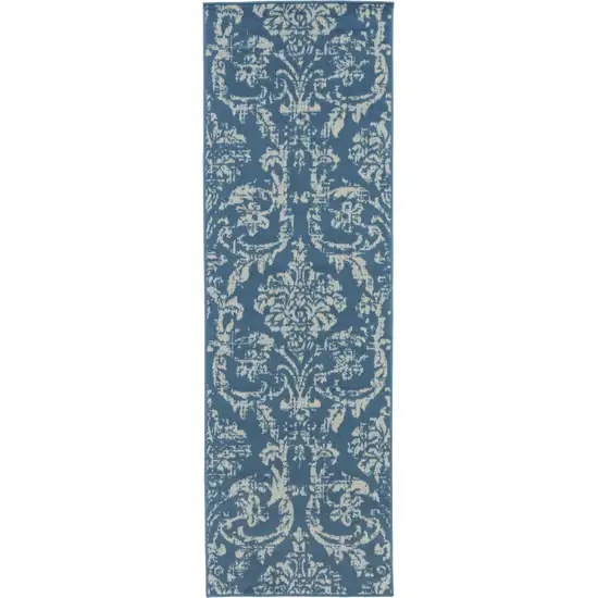 7' Blue Damask Power Loom Runner Rug Photo 1