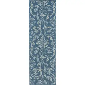 Photo of 7' Blue Damask Power Loom Runner Rug