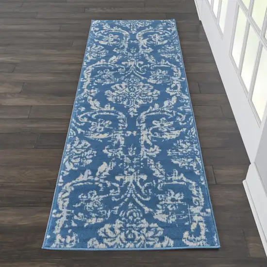 7' Blue Damask Power Loom Runner Rug Photo 5