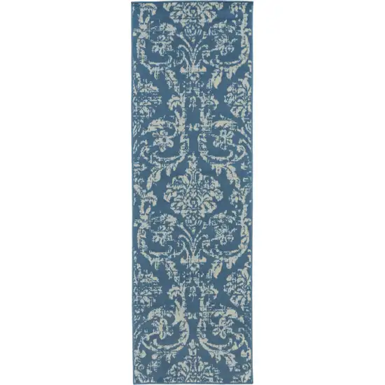 7' Blue Damask Power Loom Runner Rug Photo 2