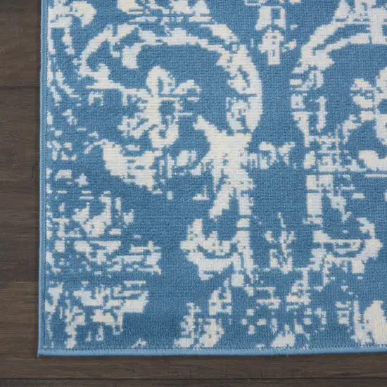 7' Blue Damask Power Loom Runner Rug Photo 3