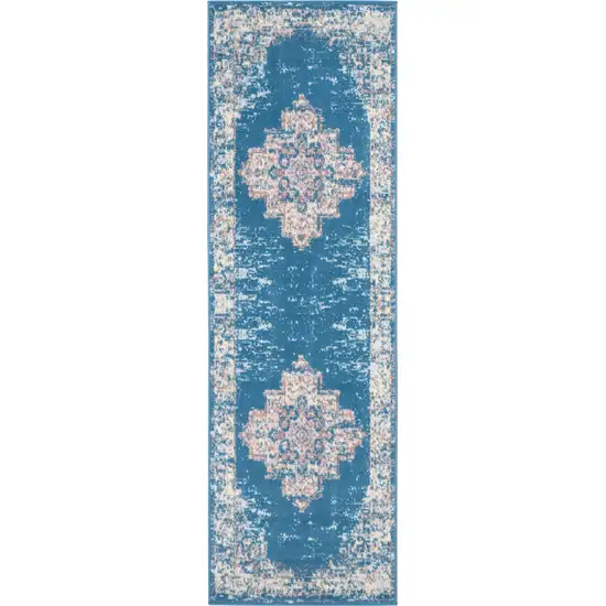 8' Blue Damask Power Loom Runner Rug Photo 2