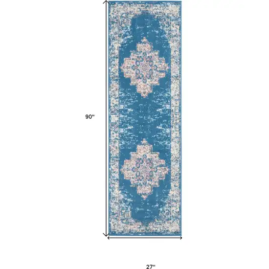 8' Blue Damask Power Loom Runner Rug Photo 6