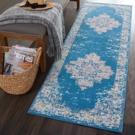 8' Blue Damask Power Loom Runner Rug Photo 5