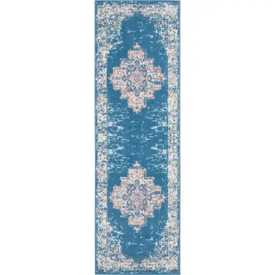 8' Blue Damask Power Loom Runner Rug Photo 1