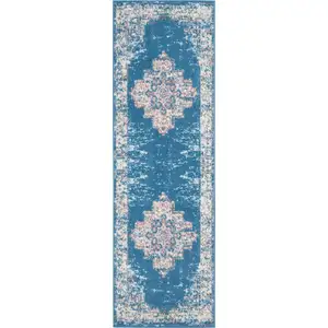 Photo of 8' Blue Damask Power Loom Runner Rug