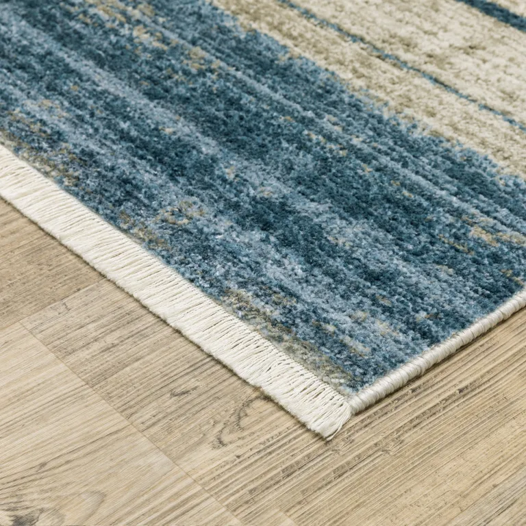 8' Blue Dark Blue Teal Grey Ivory Beige And Tan Geometric Power Loom Runner Rug With Fringe Photo 4