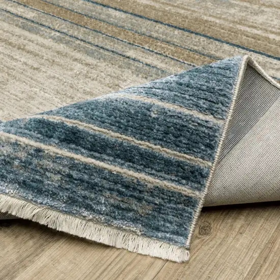 8' Blue Dark Blue Teal Grey Ivory Beige And Tan Geometric Power Loom Runner Rug With Fringe Photo 7