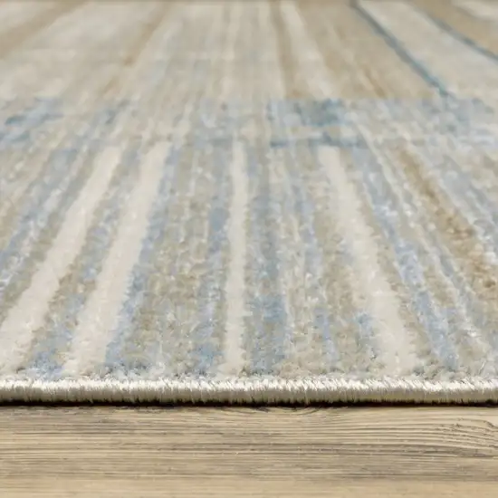 8' Blue Dark Blue Teal Grey Ivory Beige And Tan Geometric Power Loom Runner Rug With Fringe Photo 9