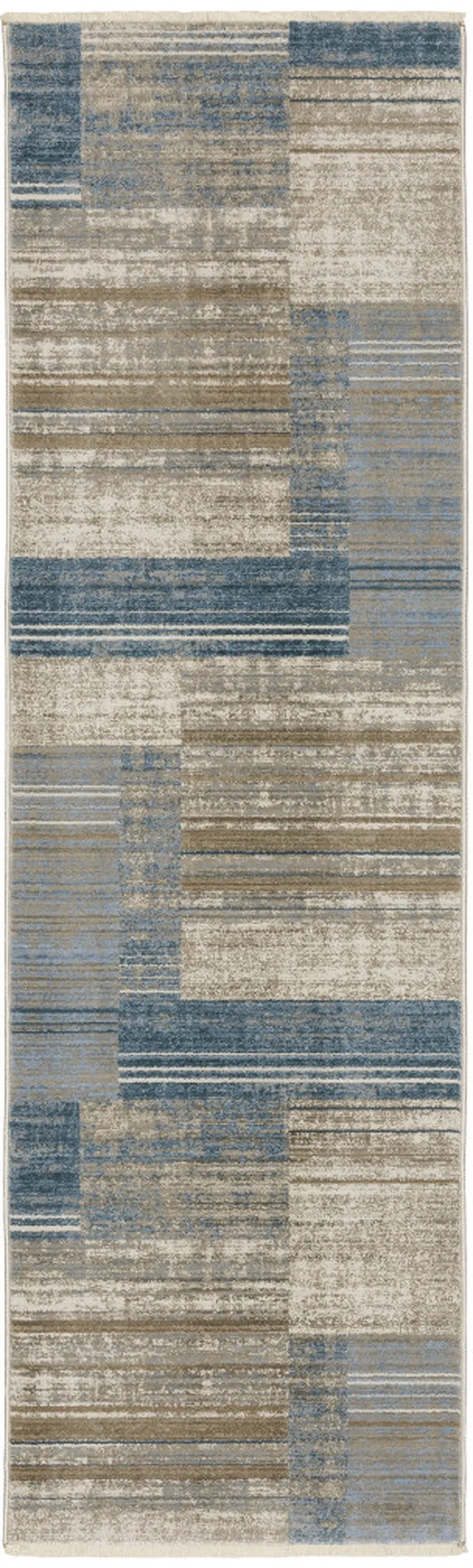 8' Blue Dark Blue Teal Grey Ivory Beige And Tan Geometric Power Loom Runner Rug With Fringe Photo 1