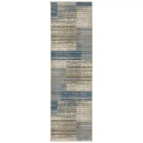 8' Blue Dark Blue Teal Grey Ivory Beige And Tan Geometric Power Loom Runner Rug With Fringe Photo 1