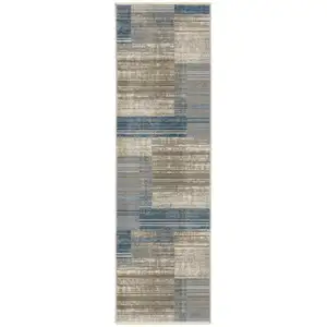 Photo of 8' Blue Dark Blue Teal Grey Ivory Beige And Tan Geometric Power Loom Runner Rug With Fringe