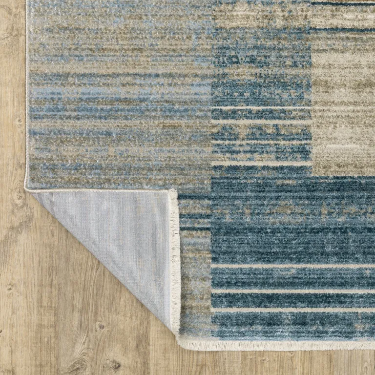 8' Blue Dark Blue Teal Grey Ivory Beige And Tan Geometric Power Loom Runner Rug With Fringe Photo 5