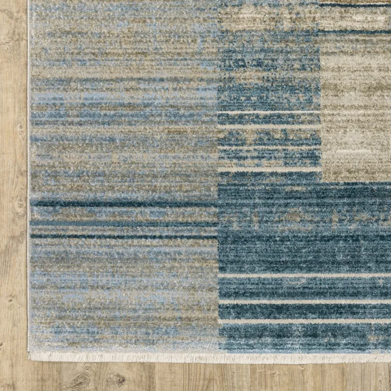 8' Blue Dark Blue Teal Grey Ivory Beige And Tan Geometric Power Loom Runner Rug With Fringe Photo 3