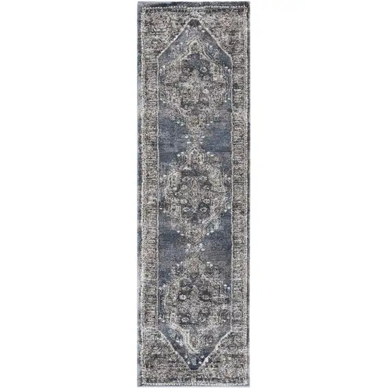 8' Blue Floral Power Loom Distressed Runner Rug Photo 2