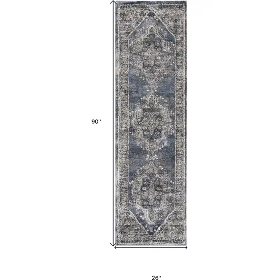 8' Blue Floral Power Loom Distressed Runner Rug Photo 3