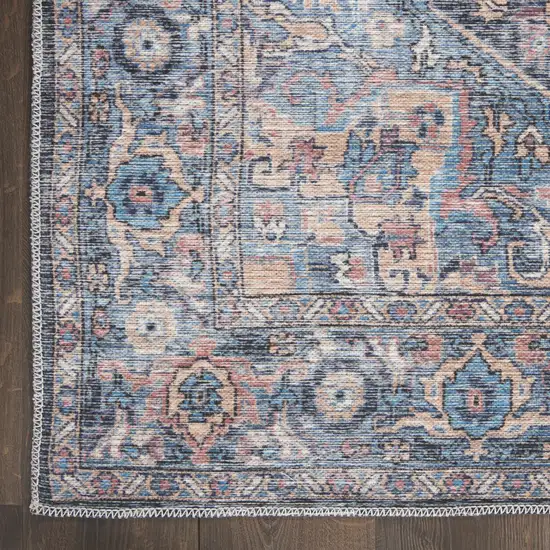 8' Blue Floral Power Loom Distressed Washable Runner Rug Photo 3