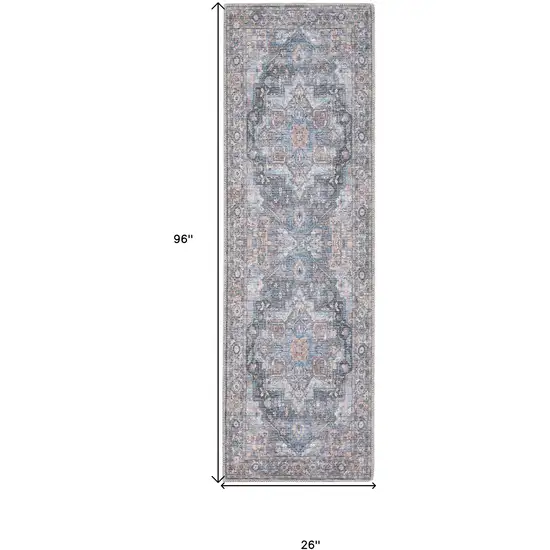 8' Blue Floral Power Loom Distressed Washable Runner Rug Photo 7