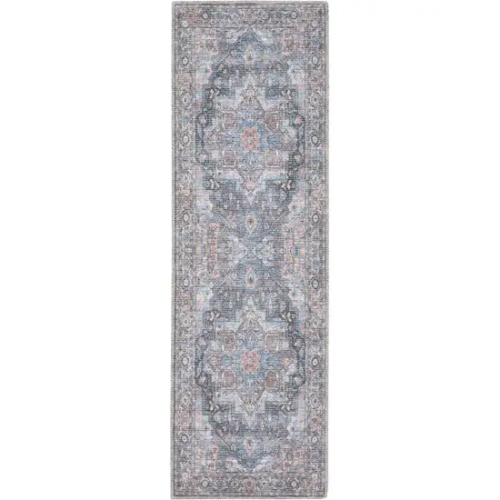 8' Blue Floral Power Loom Distressed Washable Runner Rug Photo 1