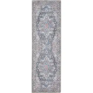 Photo of 8' Blue Floral Power Loom Distressed Washable Runner Rug