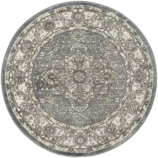 4' Blue Floral Power Loom Round Rug Photo 2