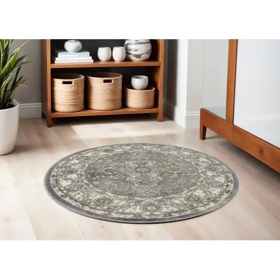 4' Blue Floral Power Loom Round Rug Photo 1