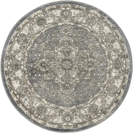 4' Blue Floral Power Loom Round Rug Photo 4