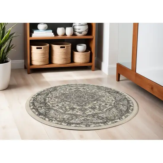 4' Blue Floral Power Loom Round Rug Photo 1