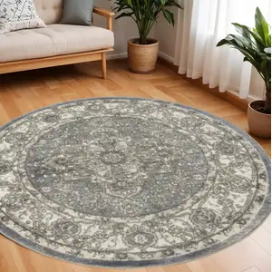 Photo of 8' Blue Floral Power Loom Round Rug