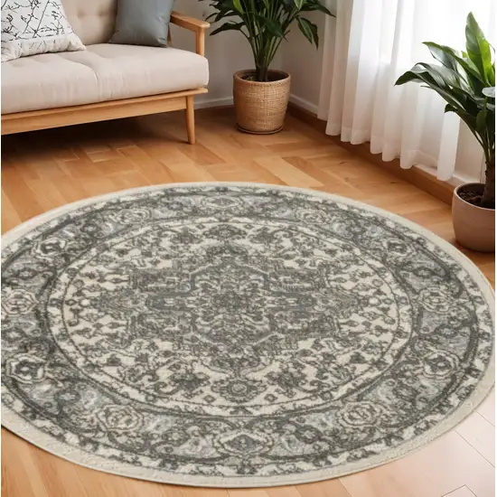 8' Blue Floral Power Loom Round Rug Photo 1