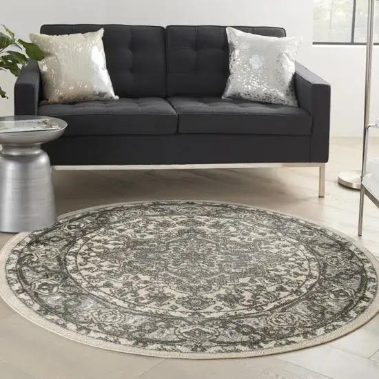 8' Blue Floral Power Loom Round Rug Photo 9