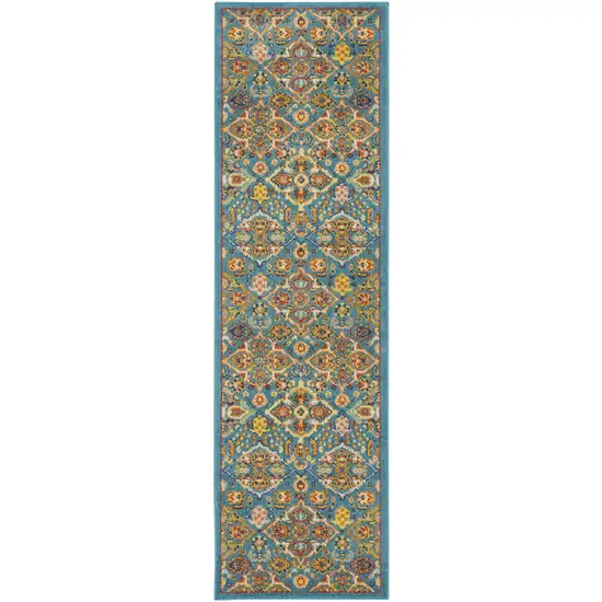 8' Blue Floral Power Loom Runner Rug Photo 1