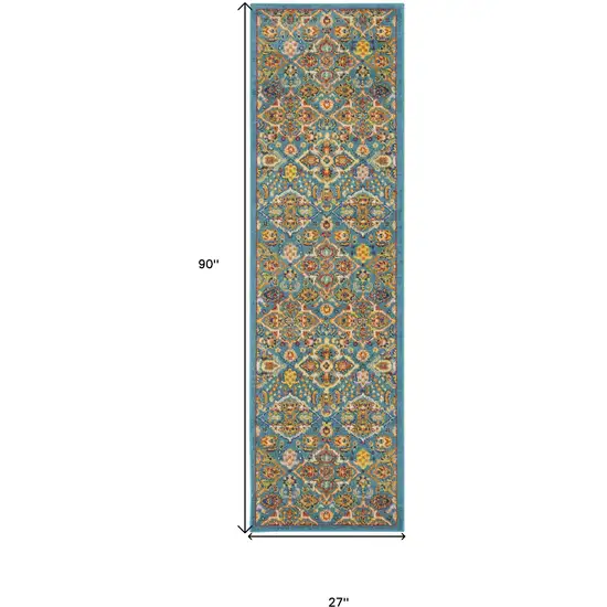 8' Blue Floral Power Loom Runner Rug Photo 7